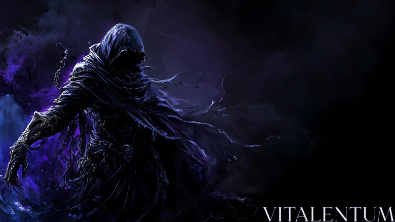Hooded wraith in flowing violet energy rendered with dynamic lighting