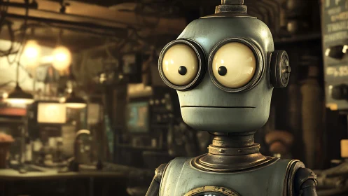 Retro service robot portrait in cluttered analog workshop