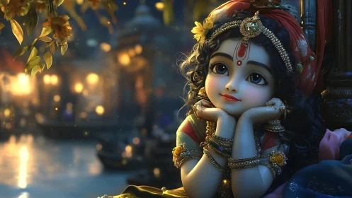 Childlike deity portrait with jeweled adornments by riverside.