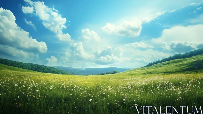 Digital meadow panorama with atmospheric perspective rendering.