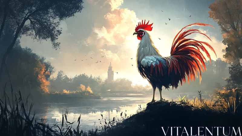 Majestic Rooster Stands Guard Over Mystical Woodland Lake.