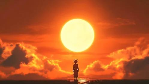 Glowing sunset sky welcomes a lone hero standing in silence