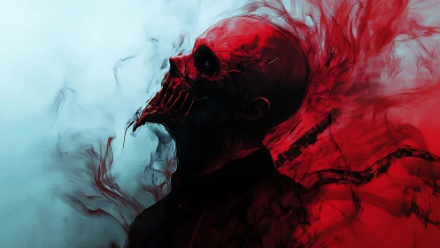 Red skeletal humanoid profile dissolves into drifting smoke