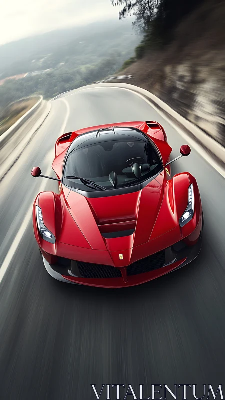 Red supercar slices through winding mountain highway at speed.