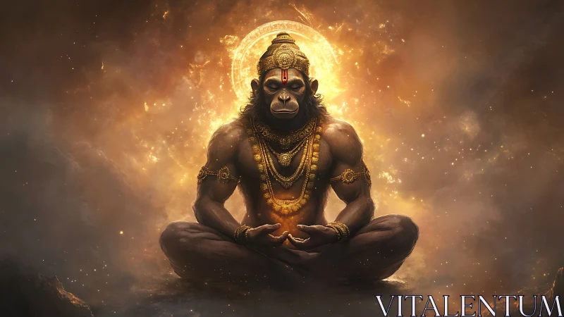 Radiant simian deity in lotus pose with golden celestial halo