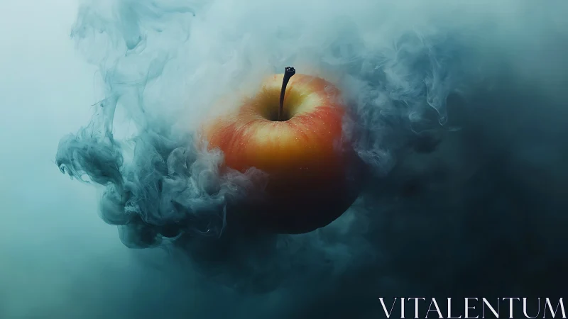 Luminous apple suspended in cinematic teal atmospheric smoke.