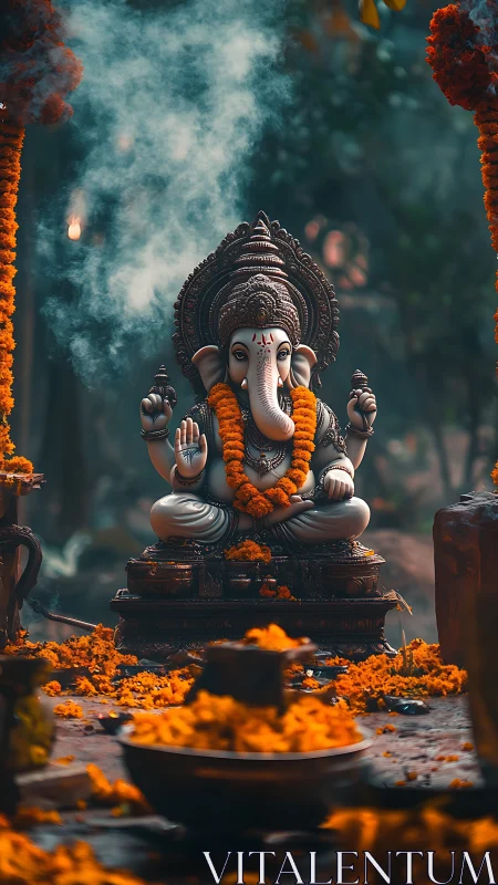 Sacred Ganesha idol glows softly amid marigolds and incense