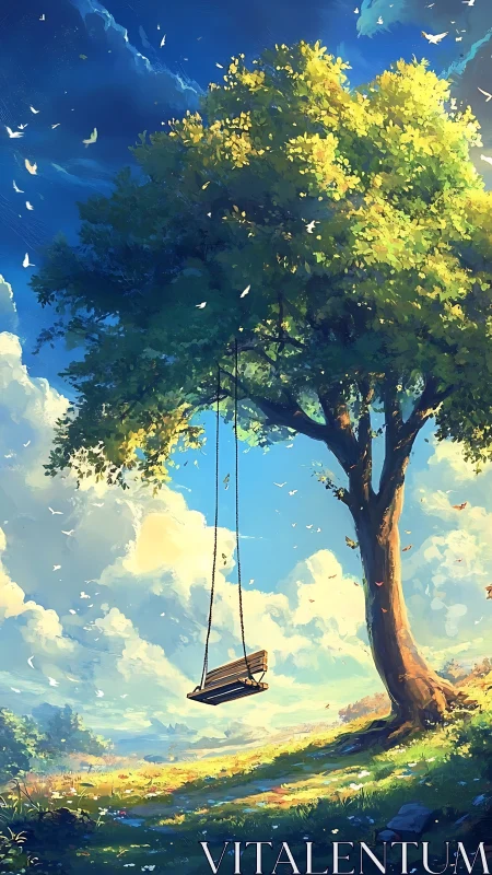 Lonely wooden swing hanging from large tree in field.