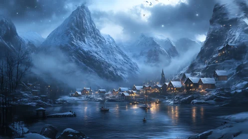 Snowbound fjord village under towering moonlit peaks.