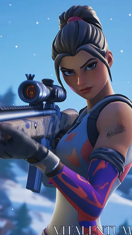 Winter sniper heroine locks on target in frosted silence.