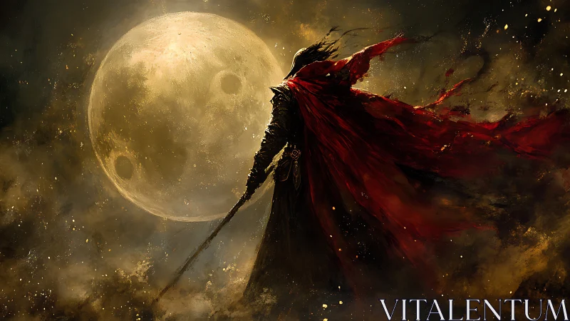 Moonlit dark warrior with tattered crimson cloak stands vigilant.