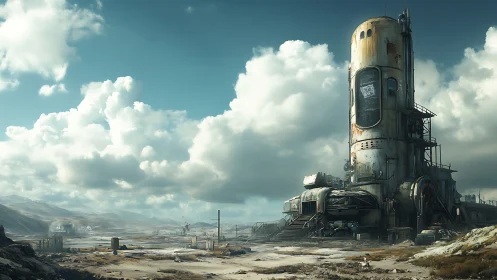 Weathered desert outpost standing quiet beneath soft clouds.