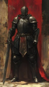 Black knight in ornate armor before bloodred banner