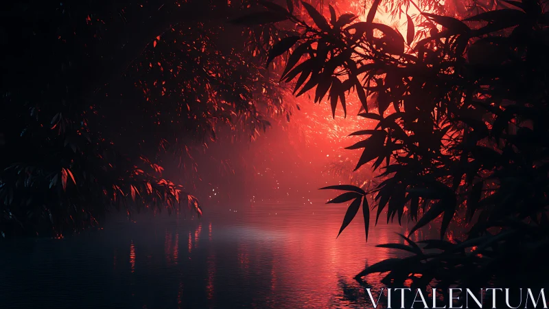 Scarlet jungle lagoon glows under an otherworldly twilight