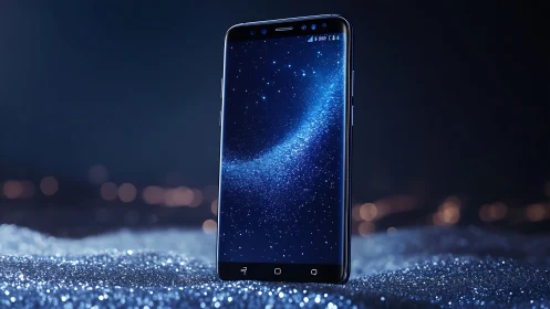 Starlit smartphone standing tall on a glittering nightscape.