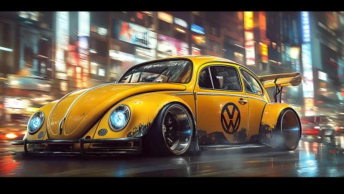 Retro yellow beetle races through neon city streets.