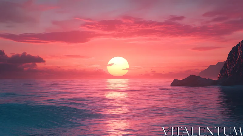 Hyperreal coastal sunset over calm magenta reflective sea