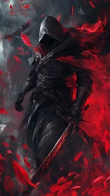 Hooded shadow warrior strides through swirling crimson fury.