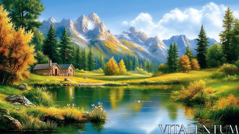Mountain valley lake with log cabins and mixed forest landscape.