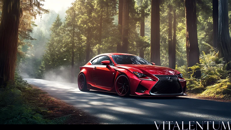 Red Lexus coupe slices through misty forest road at dawn