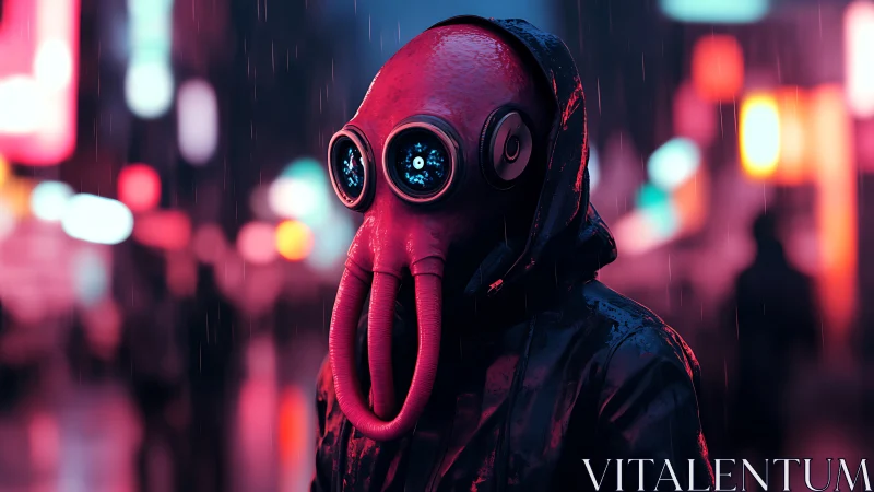 Neon rainwalker with squid mask haunting cyberpunk streets.