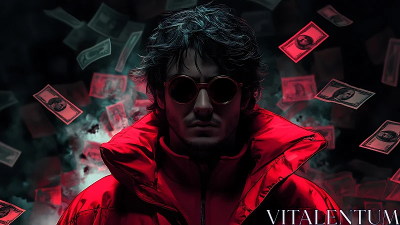 Figure in red jacket stands amid suspended banknotes in dark