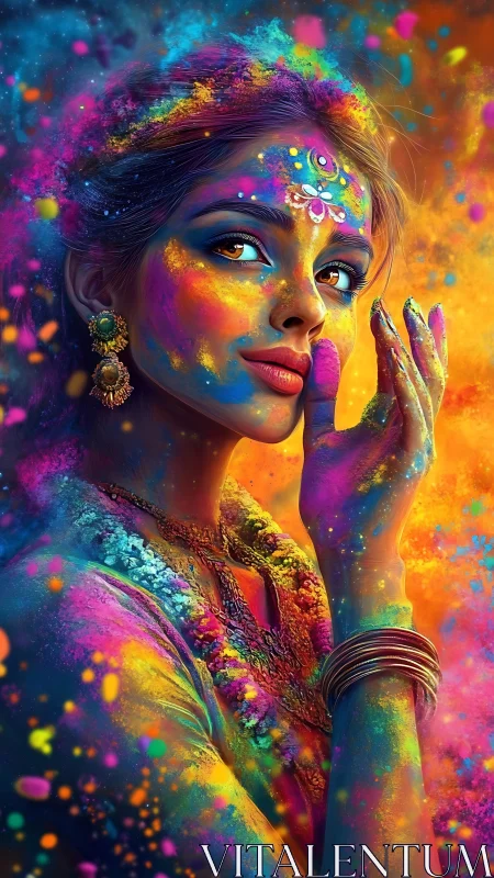 Digital painting portrait with prismatic Holi color cascade.