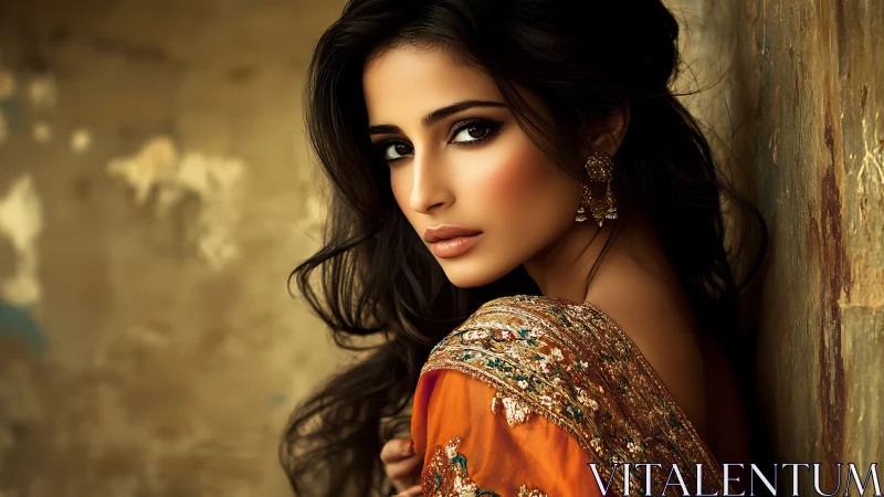 Elegant woman in ornate sari, dramatic lighting, artistic portrait.