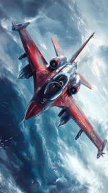 Red twin-engine jet aircraft over turbulent ocean surface.