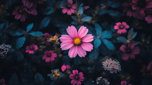 Midnight garden cosmos glowing in teal and magenta tones.