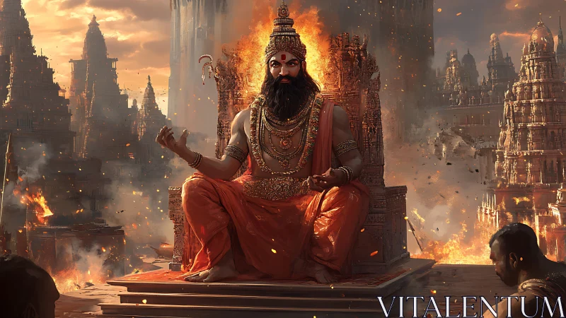 Fire-crowned temple monarch amid crumbling ember citadels.