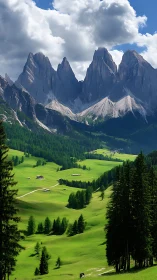 Mountain valley landscape shows steep peaks and green meadows