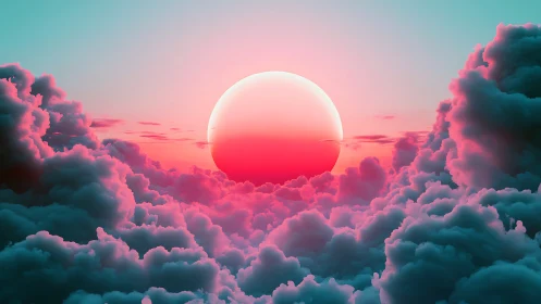 Neon sun sinks into dreamy cyan and magenta cloud ocean.