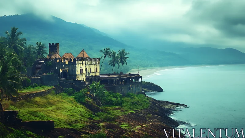 Clifftop fortress dreams aloud above misty emerald shoreline