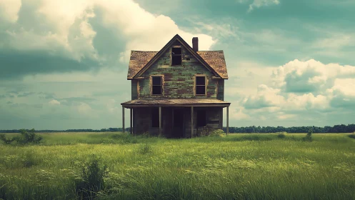 Weathered farmhouse standing alone in wide green field.