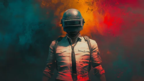 Battle-ready helmeted warrior stands in vibrant smoke