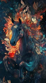 Fiery celestial horse erupts from swirling cosmic petals.