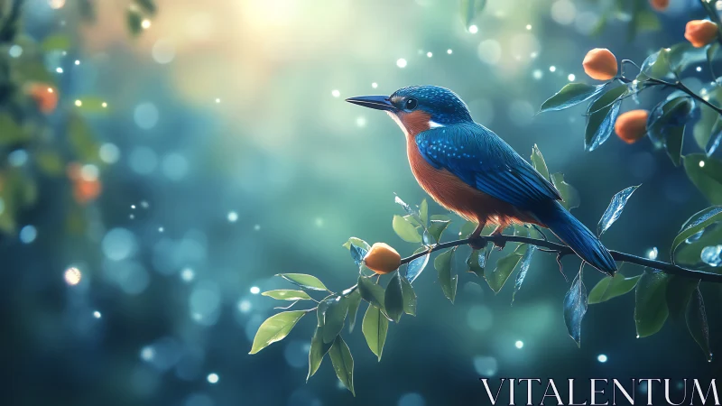 A Radiant Kingfisher Perched Among Glowing Berries.