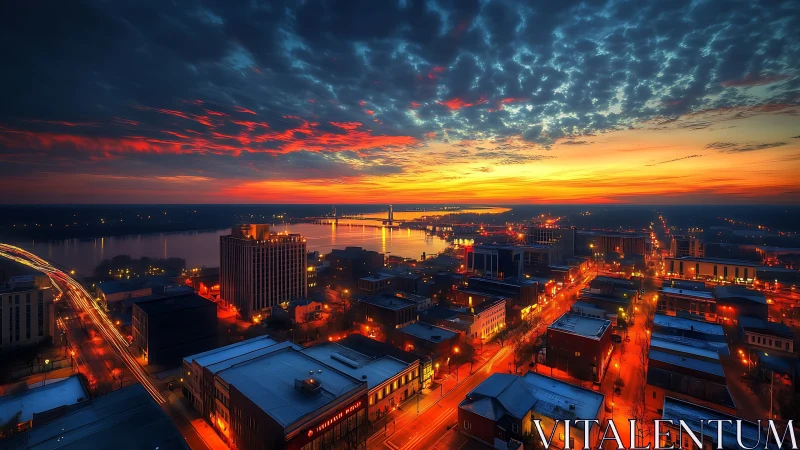 Urban riverfront skyline under vivid dusk illumination.
