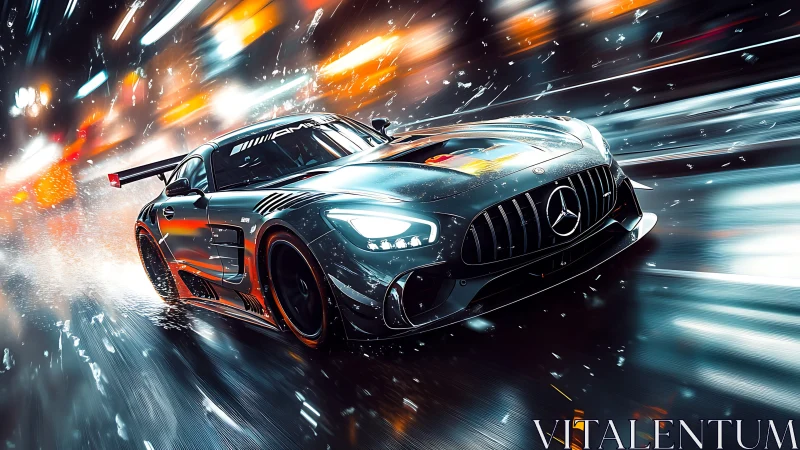 Mercedes race car storms neon street in dynamic rain