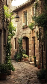 Sunlit stone alleyway with potted plants and rustic charm.