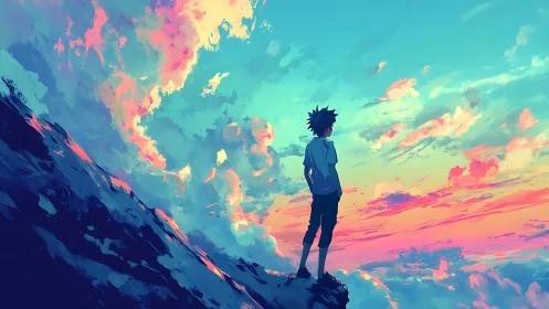 Skygazing teen savors a dreamy pastel sunset horizon