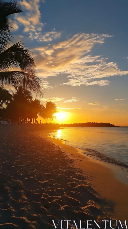 Golden sunset gently warms a quiet tropical beach shoreline