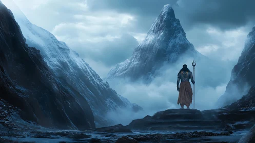 Lone mystic confronts towering icy mountain peaks in silence.