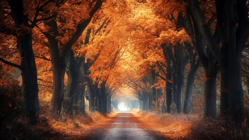 Autumn tree tunnel over quiet forest path at sunrise.