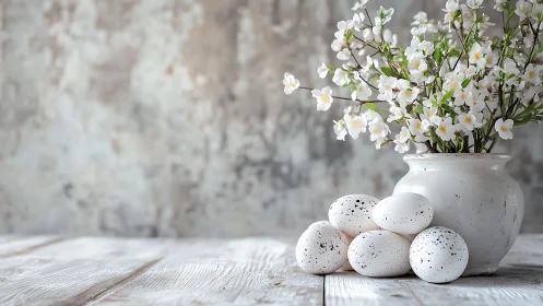 White ceramic vase with blossoms and speckled eggs still life.