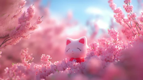 Smiling lucky cat resting in a dreamy pink blossom garden.