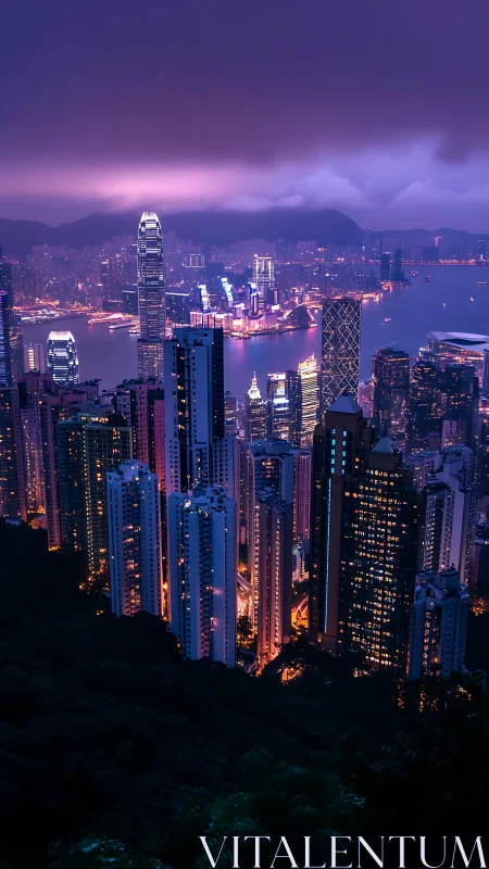 Dense high-rise city skyline overlooks harbor at twilight