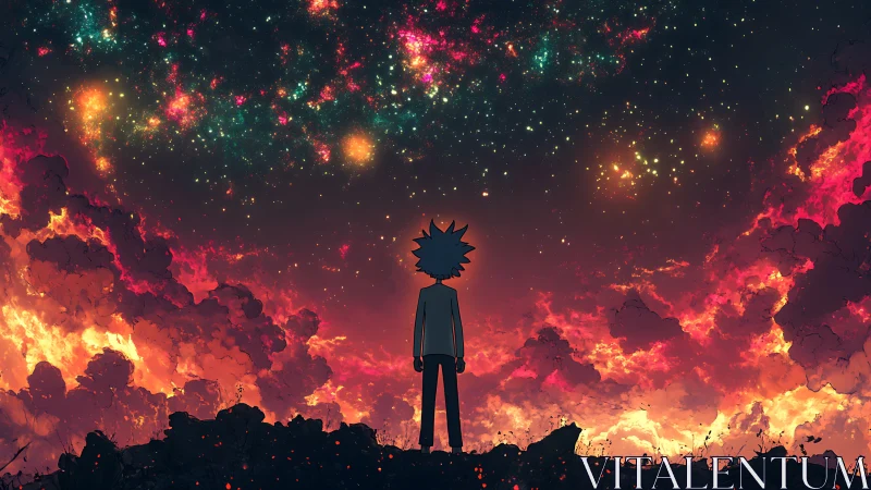 Solitary stargazer watches a burning cosmos unfold above.