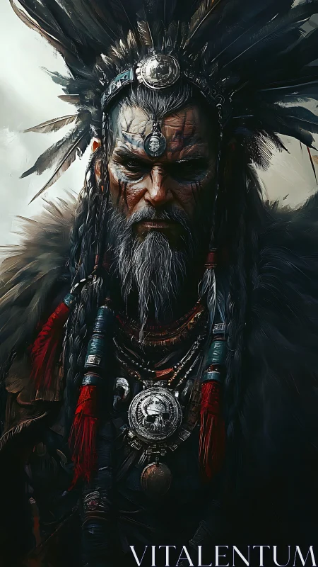 Storm-marked war shaman crowned in obsidian feathered regalia.